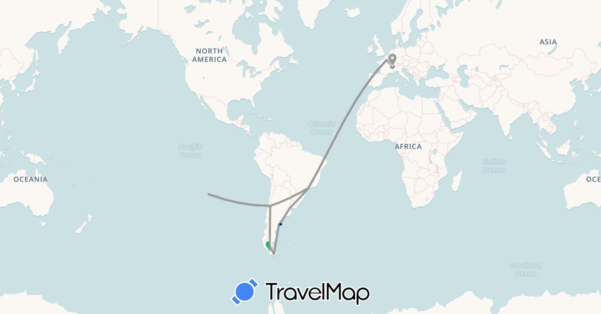 TravelMap itinerary: driving, bus, plane, boat in Argentina, Brazil, Switzerland, Chile, France (Europe, South America)